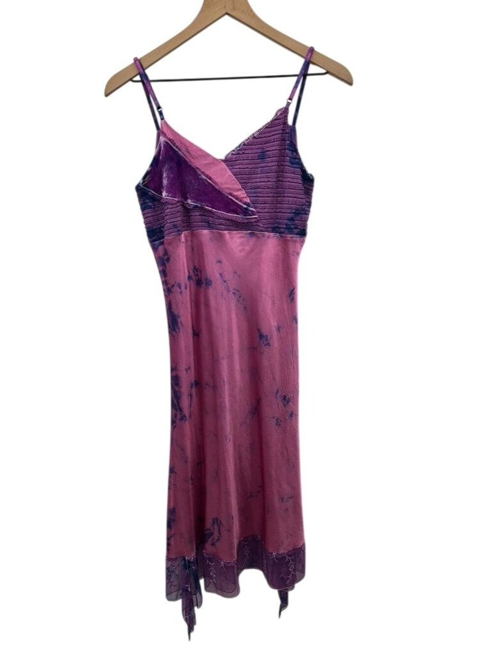Vintage 90s Monah Li Tie-Dye Silk Slip Dress With Lace Velvet Pink & Purple - Picture 13 of 16